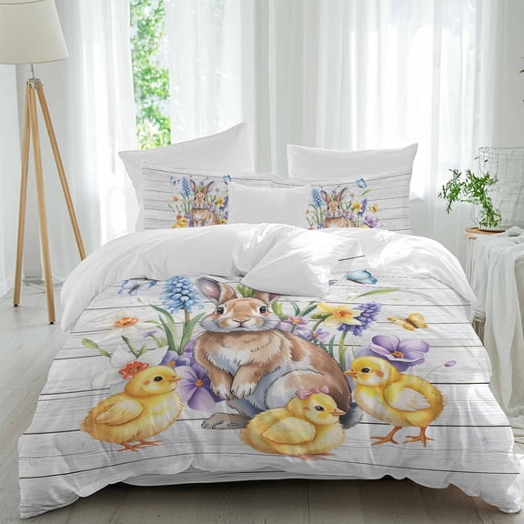Easter Bunny Queen Size Comforter Set, White Blue Purple Floral Yellow Chicken Wood Grain Bedding for All Seasons, 4 Pcs Bed Set, 1Quiltcover (90"x92") ,1Sheet(94"x116"), 2Pillowcases (30"x20")