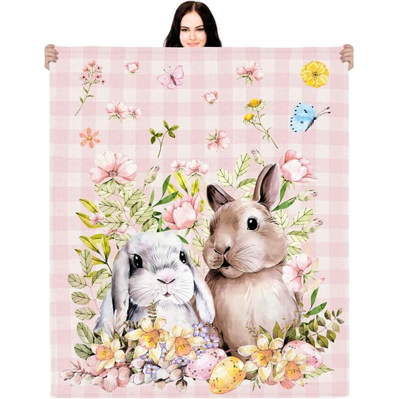 Easter Bunny Rabbit Blanket Flowers Leaves Pink Buffalo Plaid Throw Blanket Bunny Rabbit Farmhouse Blanket Couch Sofa Decorations Soft Warm Bed Blankets for Women Men 50 * 60 Inch