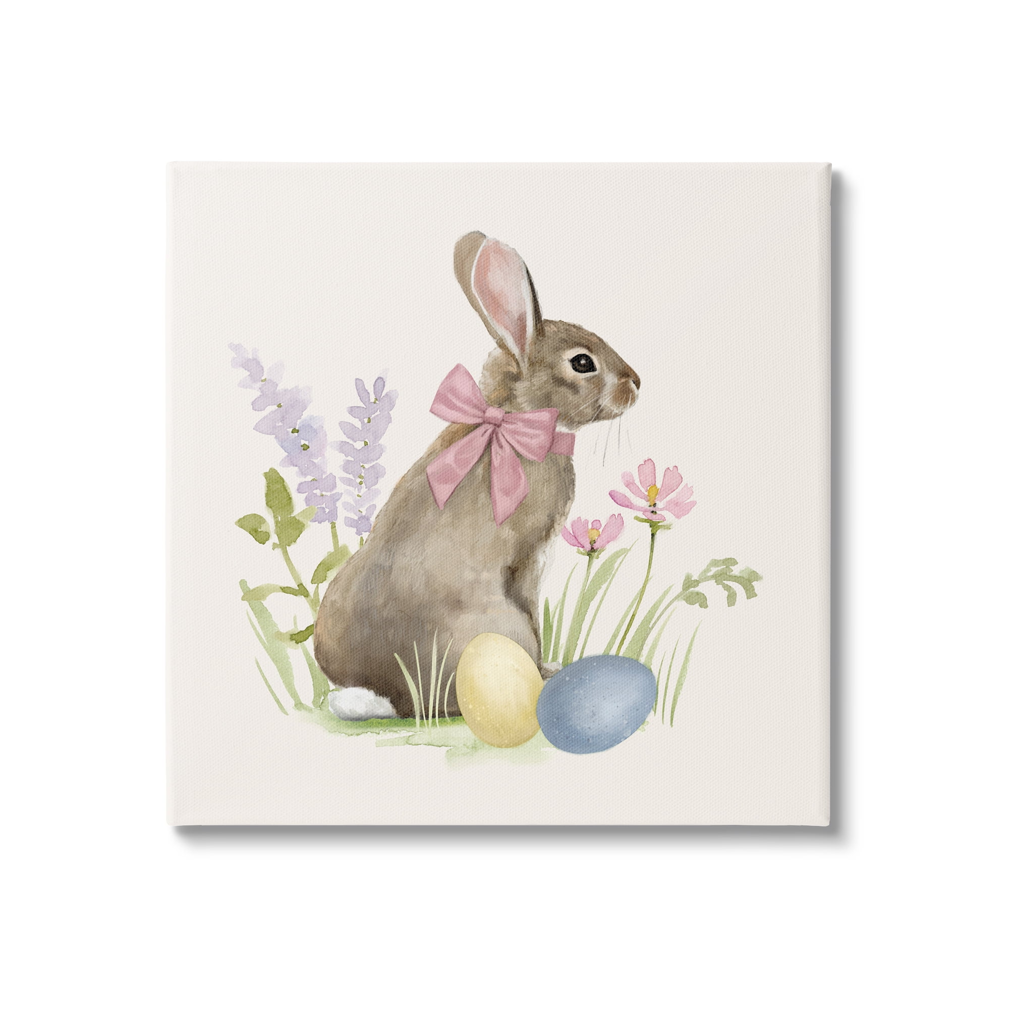 Easter Bunny Rabbit Bow Spring Flowers & Eggs Animals & Insects Painting Gallery-Wrapped Canvas Print Wall Art