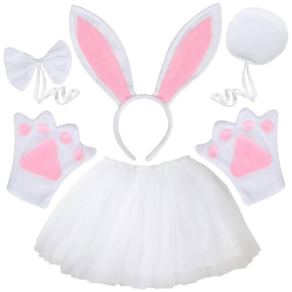 Easter Bunny Rabbit Costume Set, Ears Headband Bow Ties Tail Skirt Paws Set, Halloween Costume Assesories