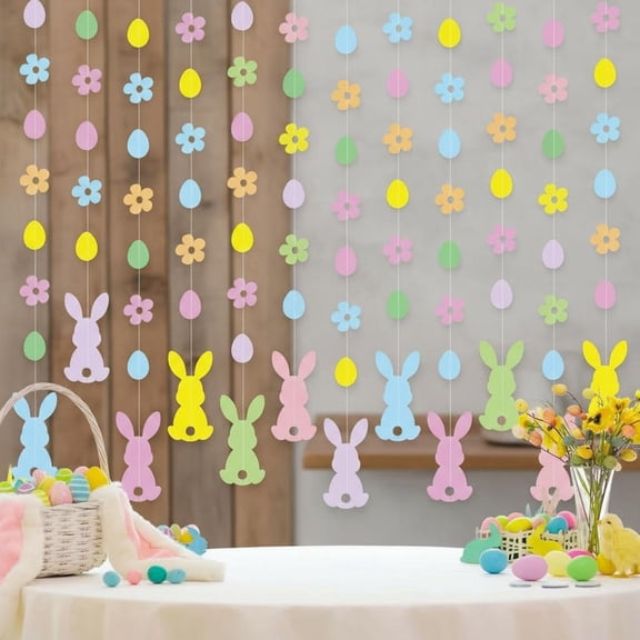 Easter Bunny Rabbit Egg Garland Kit, Colorful Hanging Banner Party Decoration, Bunny Egg Paper Cutout Hanging Ornaments for Spring Birthday Party Supplies