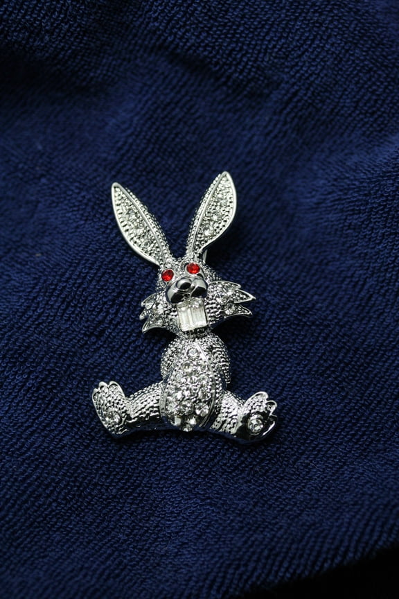 Rabbit Silver Rhinestone Crystal Brooch Pin, Easter