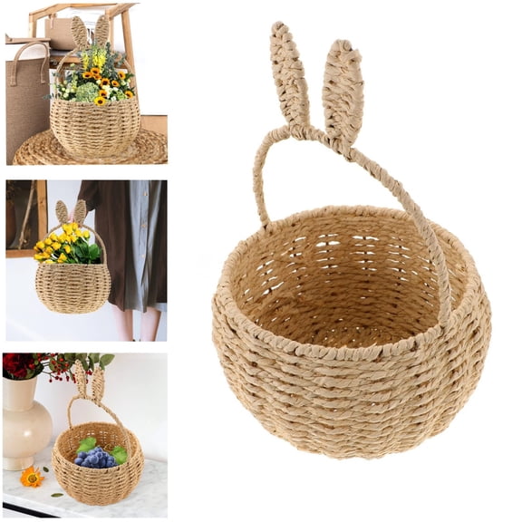 Easter Bunny Rattan Woven Basket,Rabbit Ear Hanging Baskets,Straw Wicker Storage Basket,Rustic Decorative Flower Basket,Easter Egg Candy Basket,for Picnic Egg Hunt Party Toy Storage
