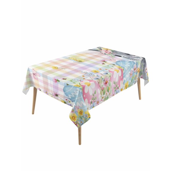 Easter Bunny Rectangle Tablecloth, Blue Easter Eggs Spring Floral Colorful Plaid Waterproof & StainResistant Tablecloth, Washable Oil-proof Table Cover for Dining/Party/Wedding/Buffet 60x120 In