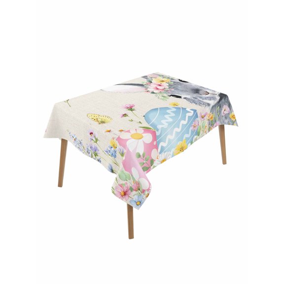 Easter Bunny Rectangle Tablecloth, Blue Easter Eggs Spring Floral Linen Waterproof & StainResistant Tablecloth, Washable Oil-proof Table Cover for Dining/Party/Wedding/Camping/Buffet 60x84 In
