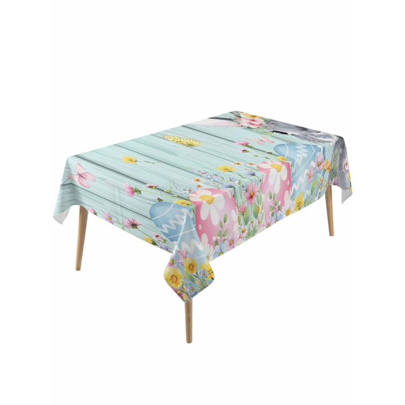 Easter Bunny Rectangle Tablecloth, Blue Easter Eggs Spring Floral Teal Wooden Waterproof & StainResistant Tablecloth, Washable Oil-proof Table Cover for Dining/Party/Wedding/Camping/Buffet 60x120 In