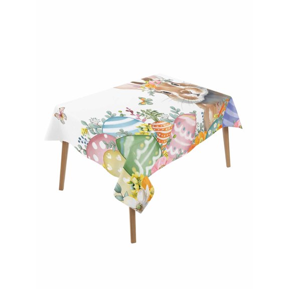 Easter Bunny Rectangle Tablecloth, Colorful Easter Eggs Eucalyptus Leaves Weeping Waterproof & StainResistant Tablecloth, Washable Oil-proof Table Cover for Dining/Party/Wedding/Buffet 60x102 In