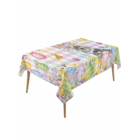 Easter Bunny Rectangle Tablecloth, Spring Colorful Eggs Flower Branch Plaid Waterproof & StainResistant Tablecloth, Washable Oil-proof Table Cover for Dining/Party/Wedding/Camping/Buffet 54x108 In