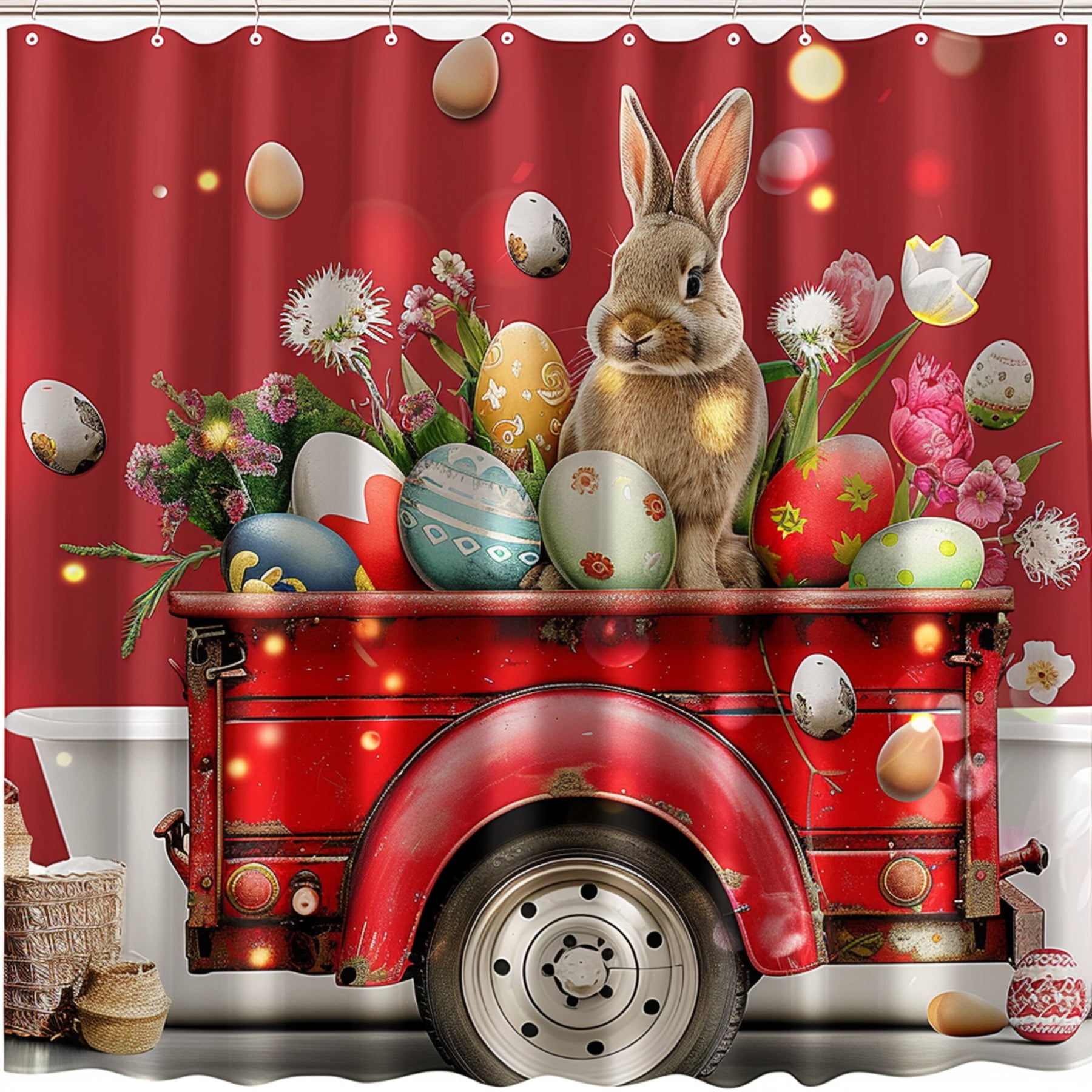 Easter Bunny Red Truck Shower Curtain with Eggs and Flowers Easter