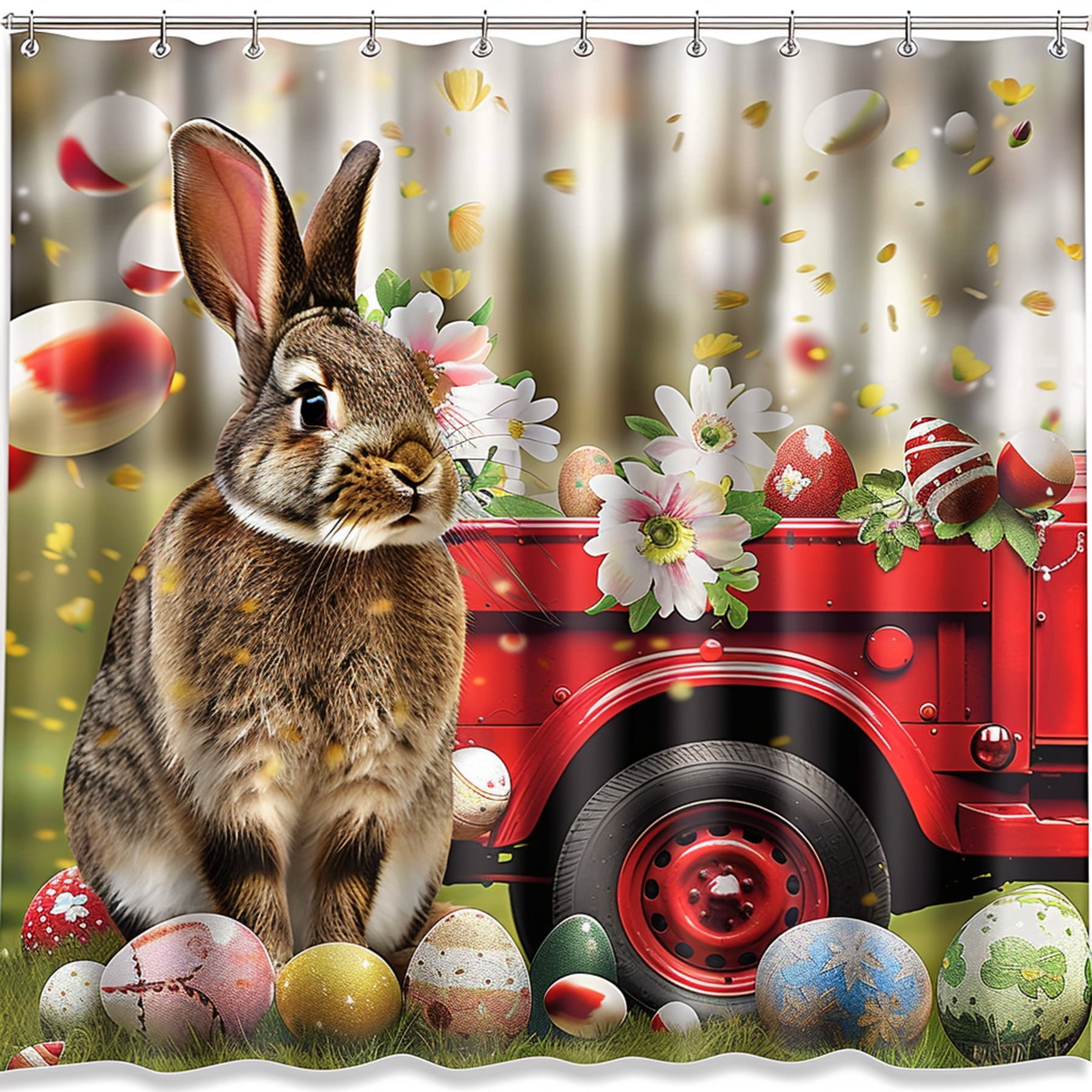Easter Bunny Red Truck Shower Curtain with Flowers and Eggs Colorful