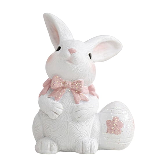 Easter Bunny Resin Figurine Set – 2-Piece Adorable Rabbit Holding Decorated Egg with Pink Bow, Spring Holiday Tabletop Decoration Ornaments