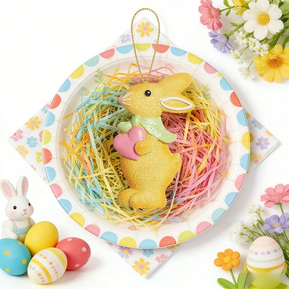 Easter Bunny Resin Figurine, Yellow Rabbits Hanging Ornament Spring Home Party Decoration
