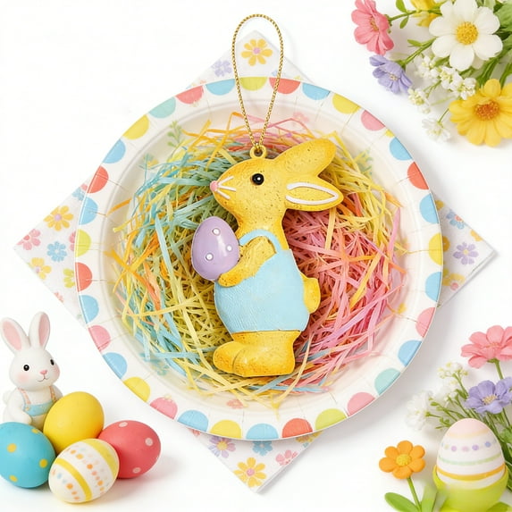 Easter Bunny Resin Figurine, Yellow Rabbits Hanging Ornament Spring Home Party Decoration