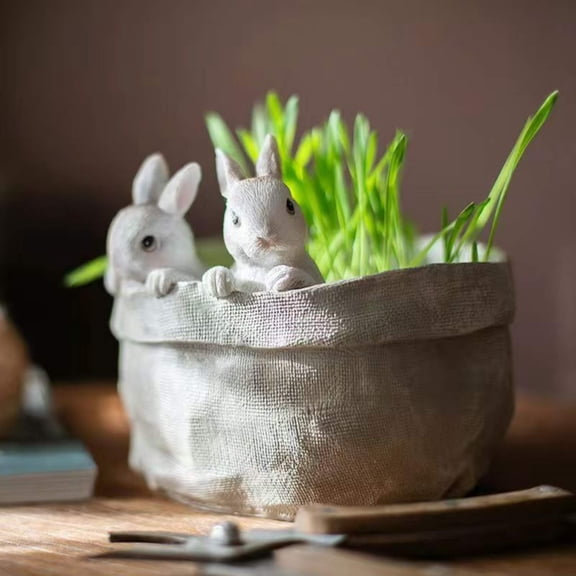 Easter Bunny Resin Plant Pot with Drainage Holes, Decorative Rabbit Flower Planter for Indoor Succulents Herbs, Spring Holiday Tabletop Ornament for Porch or Shelf