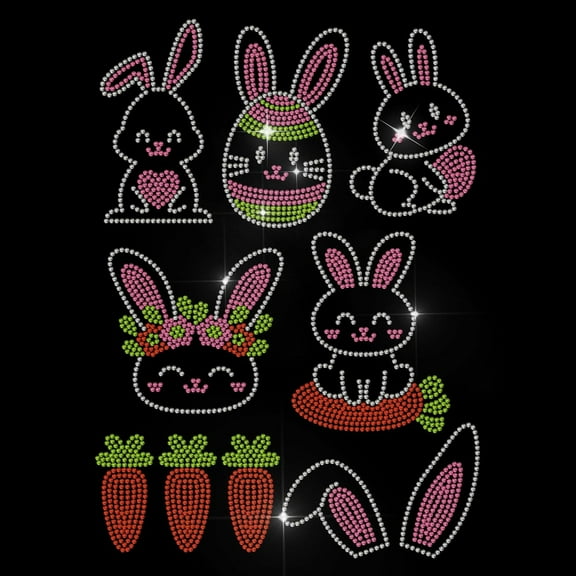 Easter Bunny Rhinestone Iron on Hotfix Rhinestone Rabbit Carrots Transfer Applique Easter Eggs Heat Transfer Decal Clothing Repair Crystal Patch for Clothing Shoes Bags Hats Decoration