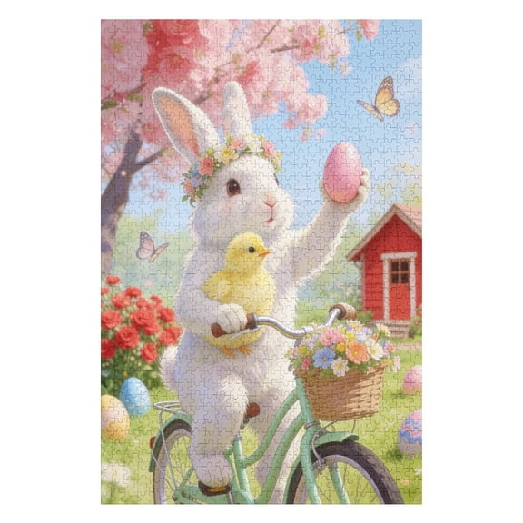 Easter Bunny Riding Bicycle 500 Piece Jigsaw Puzzle for Adults, Family Night and Relaxing Brain Game, Spring Garden Fun Activity with Friends and Home Decor, Cozy Evening Mind Challenge