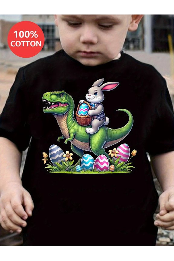 Easter Bunny Riding T Rex Happy Easter print 100% cotton Boy T-shirt