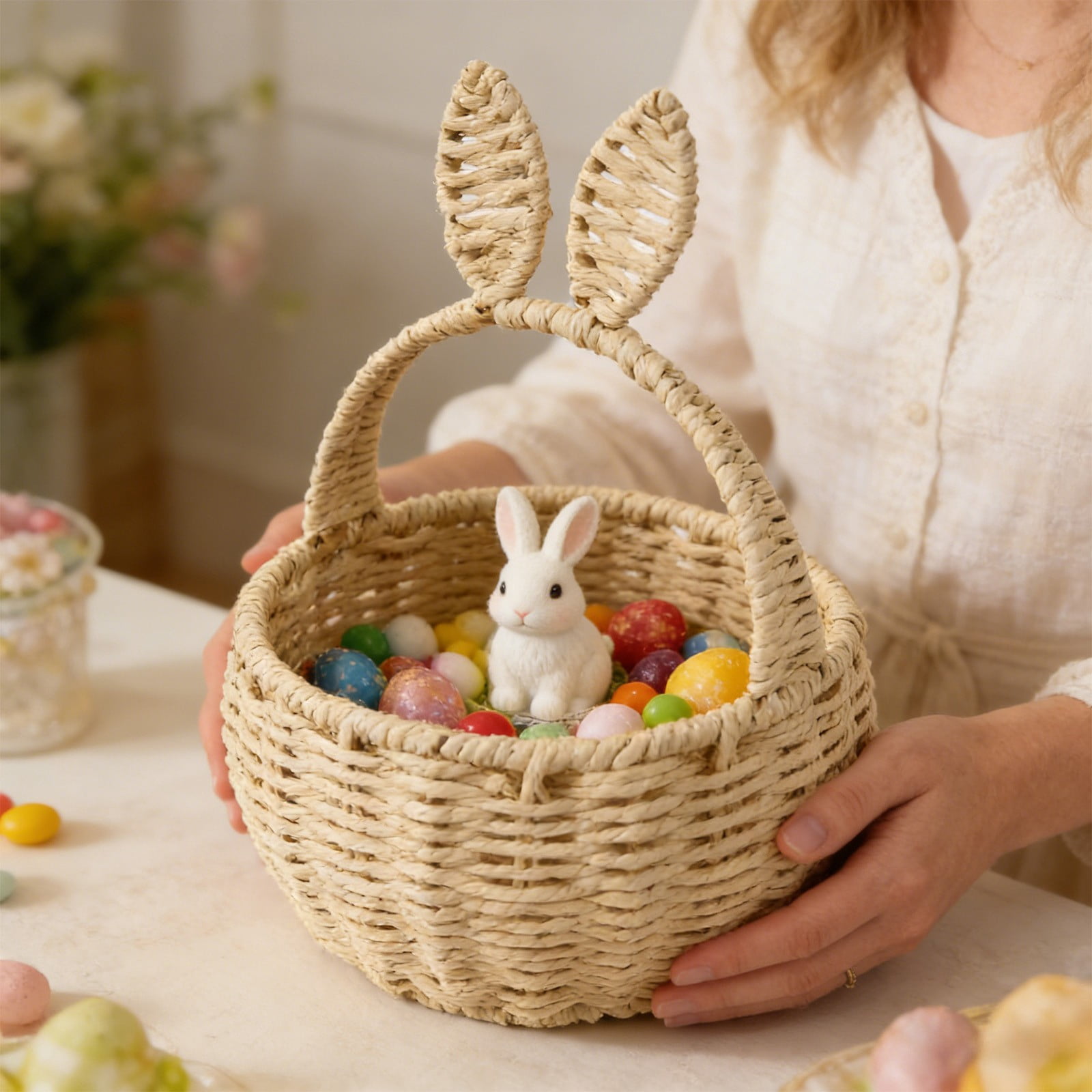 Easter Bunny Rope Storage Basket Woven Paper Organizer Cute Rabbit Ear Basket Toy Storage Egg Hunt Basket Gift Bag Spring Holiday Decor Kids Room Living Room Storage Basket Home Organizer Decor