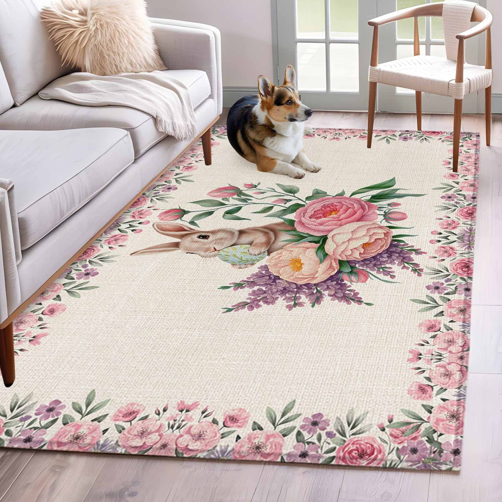 Easter Bunny Roses Area Rugs 2.7'x5', Washable Small Throw Rugs for Kitchen Bedroom, Pink Floral Spring Linen Indoor Outdoor Rug Non-Slip Low Pile Carpet Runner Reversible Floor Mats