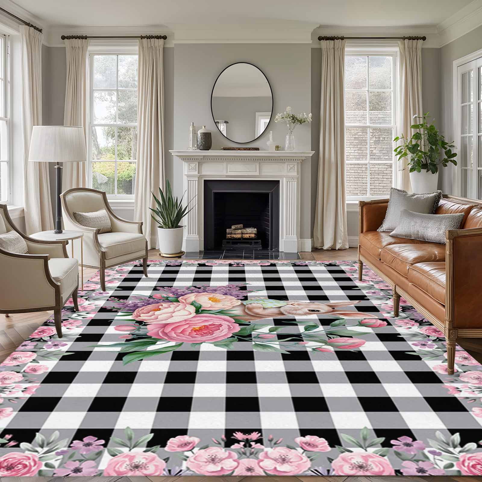 Easter Bunny Roses Area Rugs 6'x9', Washable Small Throw Rugs for Kitchen Dining room, Pink Floral Spring Black Buffalo Plaid Indoor Outdoor Rug Non-Slip Low Pile Carpet Runner Reversible Floor Mats