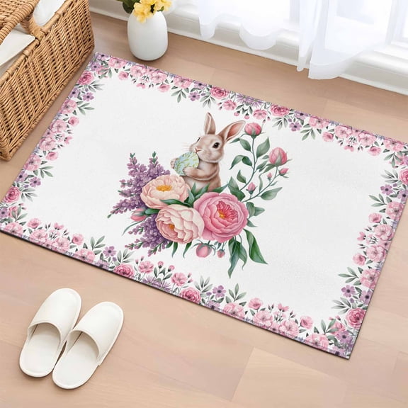 Easter Bunny Roses Entryway Rug 2'x3' Non Slip Front Door Mats, Pink Floral Spring Botanical Entrance Rugs Indoor Outdoor Carpet, Washable Floor Mats Small Area Rug for Bedroom Kitchen