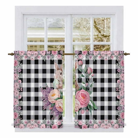Easter Bunny Roses Kitchen Curtain for Berdoom Living Room Cafe 45 Inch Length, Pink Floral Spring Black Buffalo Plaid Tiers Curtains Light Filtering Drapes Window Treatment 2 Panels 52"Wx45"L
