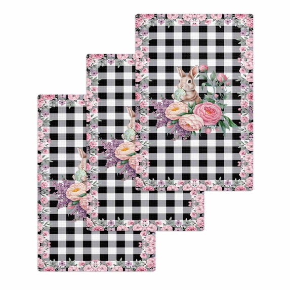 Easter Bunny Roses Kitchen Dish Towels for Drying Dishes Set of 3, Pink Floral Spring Black Buffalo Plaid Waffle Weave Microfiber Hand Tea Bathroom Towels Quick Dry & Absorbent Towel 15.7x23.6