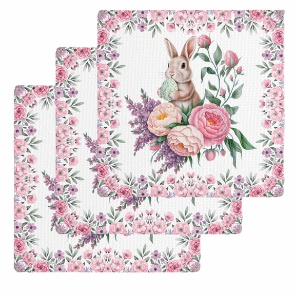Easter Bunny Roses Kitchen Dish Towels for Drying Dishes Set of 3, Pink Floral Spring Botanical Waffle Weave Microfiber Hand Tea Bathroom Towels Quick Dry & Absorbent Towel 12x12