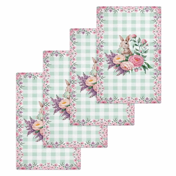 Easter Bunny Roses Kitchen Dish Towels for Drying Dishes Set of 4, Pink Floral Spring Green Buffalo Plaid Waffle Weave Microfiber Hand Tea Bathroom Towels Quick Dry & Absorbent Towel 15.7x23.6