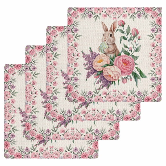 Easter Bunny Roses Kitchen Dish Towels for Drying Dishes Set of 4, Pink Floral Spring Linen Waffle Weave Microfiber Hand Tea Bathroom Towels Quick Dry & Absorbent Towel 12x12