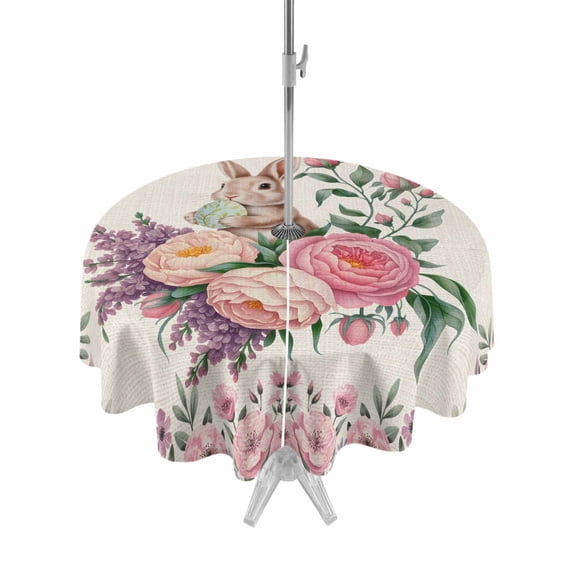 Easter Bunny Roses Outdoor Tablecloth - 54 Inch Round Dining Table Cover, Pink Floral Spring Linen Waterproof Outdoor Table Cloth with Umbrella Hole & Zipper for Picnic/Patio/Party
