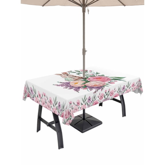 Easter Bunny Roses Outdoor Tablecloth - 60x102 Inch Rectangle Dining Table Cover, Pink Floral Spring Botanical Waterproof Outdoor Table Cloth with Umbrella Hole & Zipper for Picnic/Patio/Party