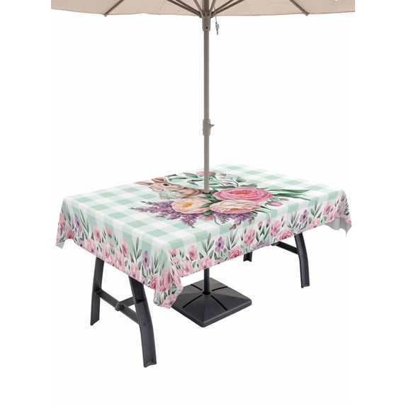Easter Bunny Roses Outdoor Tablecloth - 60x102 Inch Rectangle Dining Table Cover, Pink Floral Spring Green Buffalo Plaid Waterproof Outdoor Table Cloth with Umbrella Hole & Zipper for Picnic/Patio