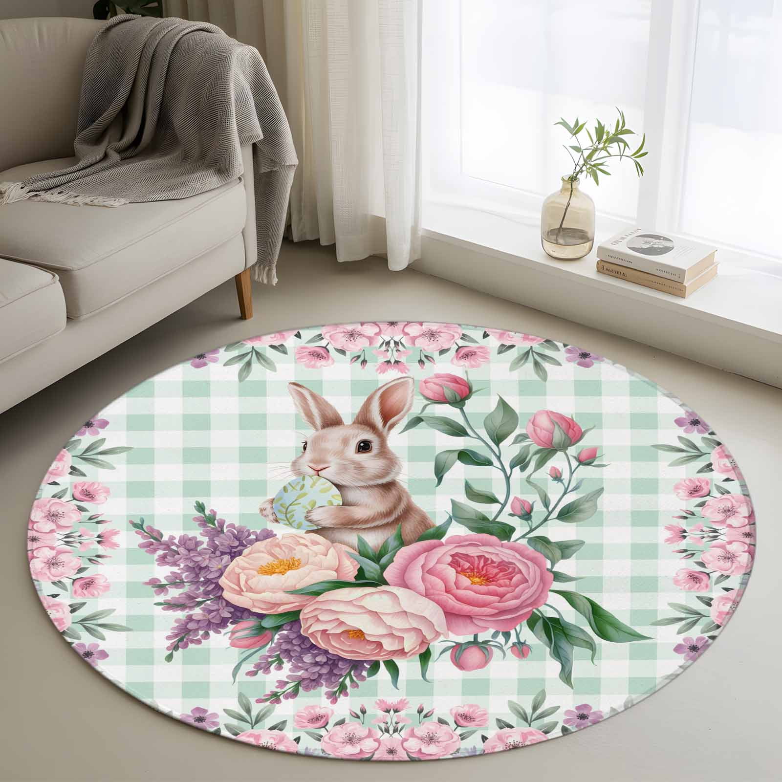 Easter Bunny Roses Round Area Rug 4Ft Washable Circle Rugs for Bedroom Dining Room, Pink Floral Spring Green Buffalo Plaid Non-Slip Carpet Floor Mats Indoor Outdoor Carpet Runner Aesthetic Home Decor
