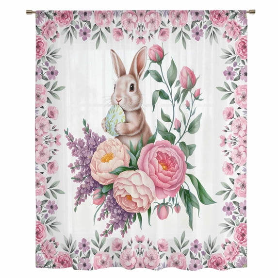 Easter Bunny Roses Sheer Curtains 72 Inches Long, Pink Floral Spring Botanical Light Filering Curtains, Breathable Simi Curtain Privacy Drapes for Living Room Bedroom Lightweight Window Treatment