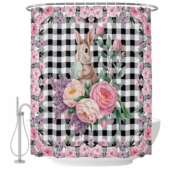 Easter Bunny Roses Shower Curtain, Waterproof Shower Curtains for Bathroom, Pink Floral Spring Black Buffalo Plaid Washable Fabric Bathtub Curtain Set Bath Decor with 12 Hooks Stall 36"x72"