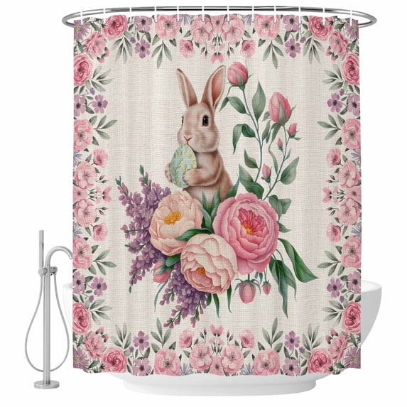 Easter Bunny Roses Shower Curtain, Waterproof Shower Curtains for Bathroom, Pink Floral Spring Linen Washable Fabric Bathtub Curtain Set Bath Decor with 12 Hooks 48"x72"