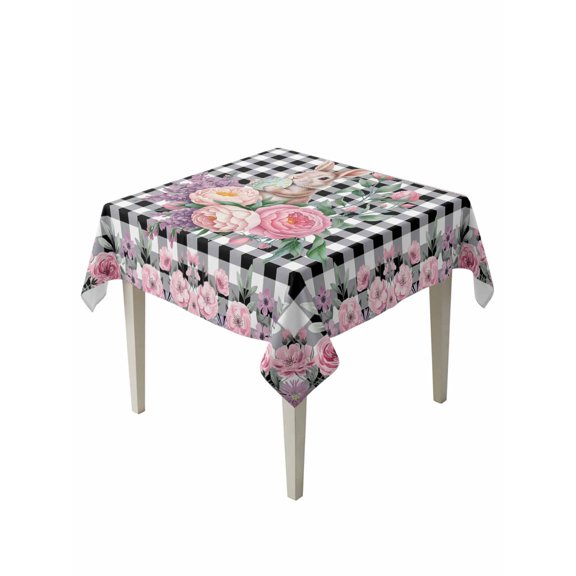 Easter Bunny Roses Table Cloth, Waterproof Tablecloth for Square Tables, Pink Floral Spring Black Buffalo Plaid Reusable Washable Fabric Table Cover for Restaurant Kitchen Dining Tables 54"x54"