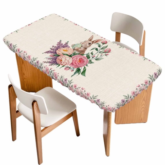 Easter Bunny Roses Table Cloths for 3 Foot Rectangle Tables, Pink Floral Spring Linen Patio Waterproof Elastic Fitted Tablecloths, Washable Rectangular Table Cover for Camping