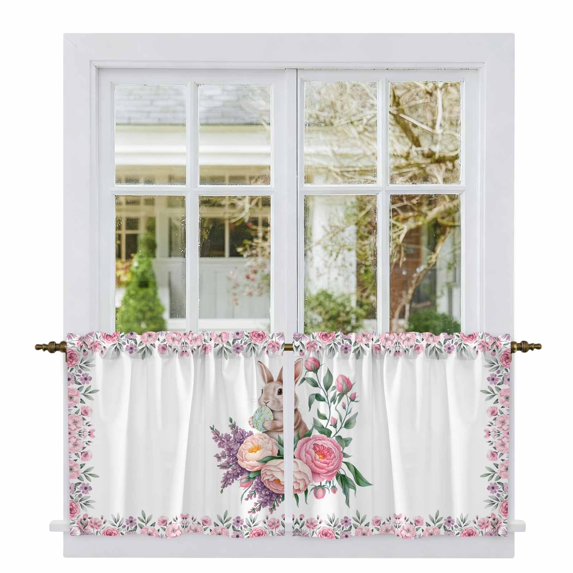 Easter Bunny Roses Tier Curtains 24 Inch Length, Pink Floral Spring Botanical Cafe Short Curtains for Bathroom Over Sink, Small Kitchen Curtain Light Filtering Tiered Drapes 2 Panels 27.5"Wx24"L