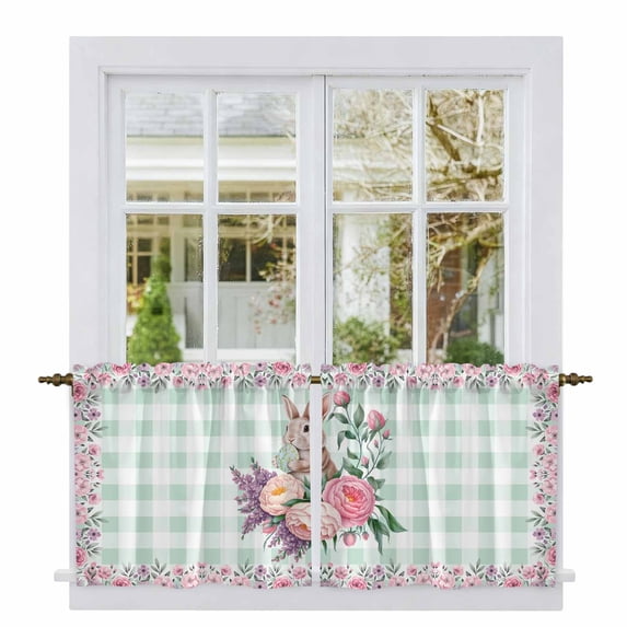 Easter Bunny Roses Tier Curtains 36 Inch Length, Pink Floral Spring Green Buffalo Plaid Cafe Short Curtains for Bathroom Over Sink, Small Kitchen Curtain Light Filtering Drapes 2 Panels 27.5"Wx36"L