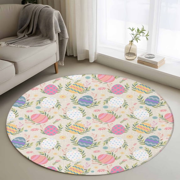 Easter Bunny Round Area Rug 3.3Ft Washable Circle Rugs for Dining Room Table, Colorful Eggs Spring Leaves Daisy Flowers Non-Slip Carpet Floor Mats Indoor Outdoor Carpet Runner Aesthetic Home Decor