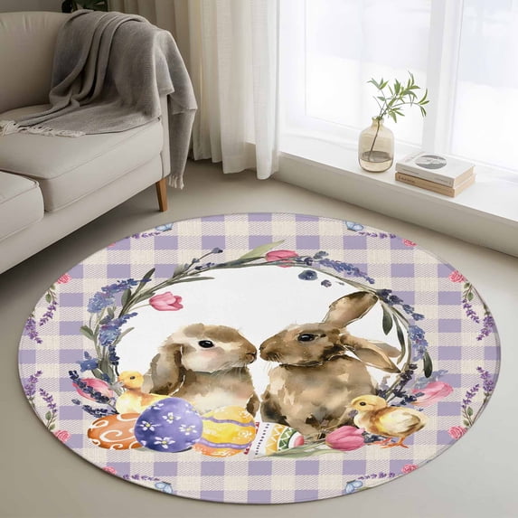 Easter Bunny Round Area Rug 3.3Ft Washable Circle Rugs for Dining Room Table, Spring Easter Eggs Chick Floral Purple Check Non-Slip Carpet Floor Mats Indoor Outdoor Carpet Runner Aesthetic Home Decor