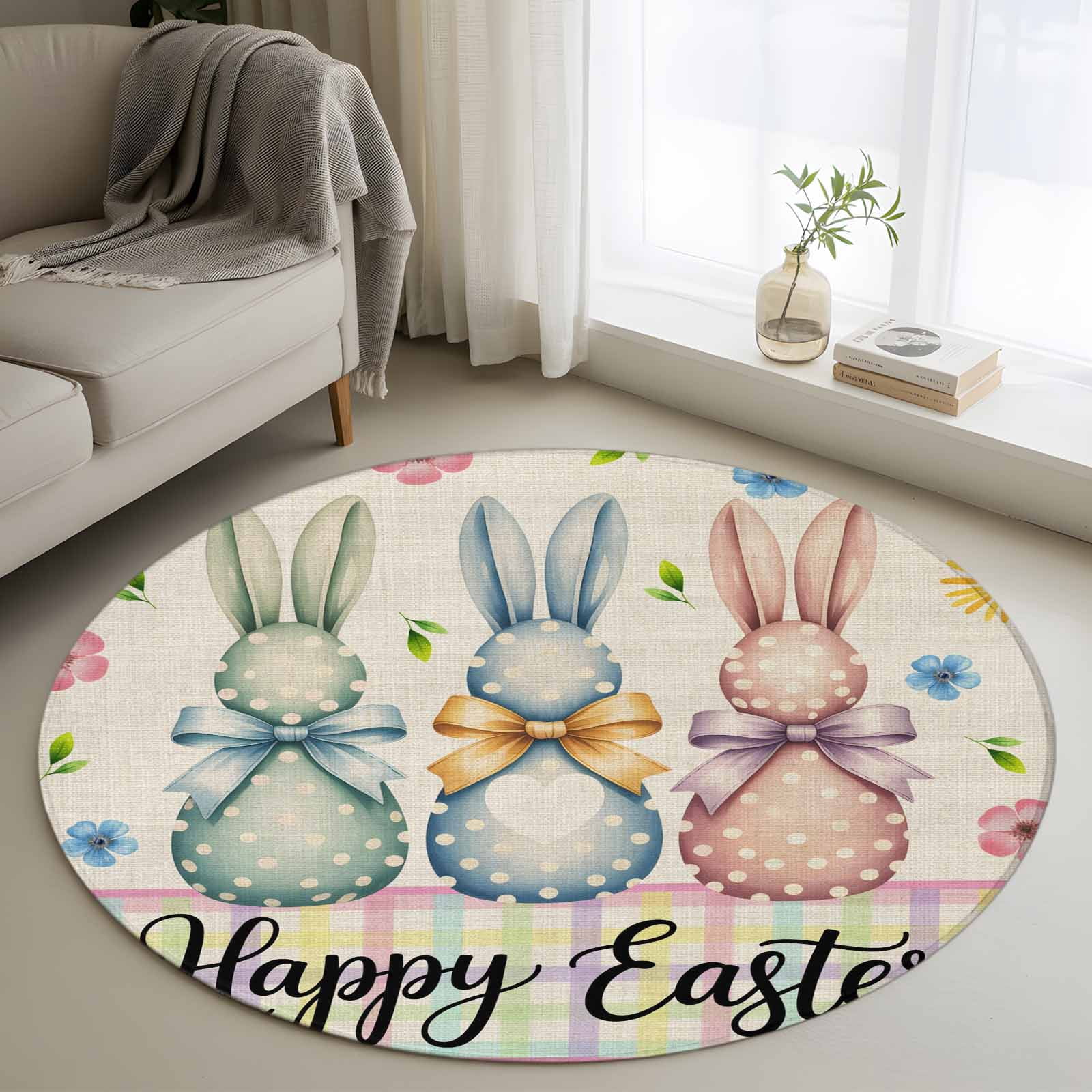 Round Easter Rug Easter Bunny Round Area Rug 3.3Ft Washable Circle Rugs for Dining Room ...