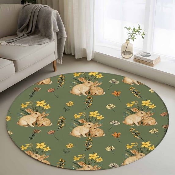 Easter Bunny Round Area Rug 3.3Ft Washable Circle Rugs for Dining Room Table, Spring Yellow Flowers Country Plants Green Non-Slip Carpet Floor Mats Indoor Outdoor Carpet Runner Aesthetic Home Decor