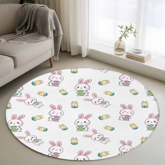 Easter Bunny Round Area Rug 3Ft Washable Small Circle Rugs for Kitchen Entryway, Cute Rabbits Green Eggs Spring Tulips Non-Slip Carpet Floor Mats Indoor Outdoor Carpet Runner Aesthetic Home Decor