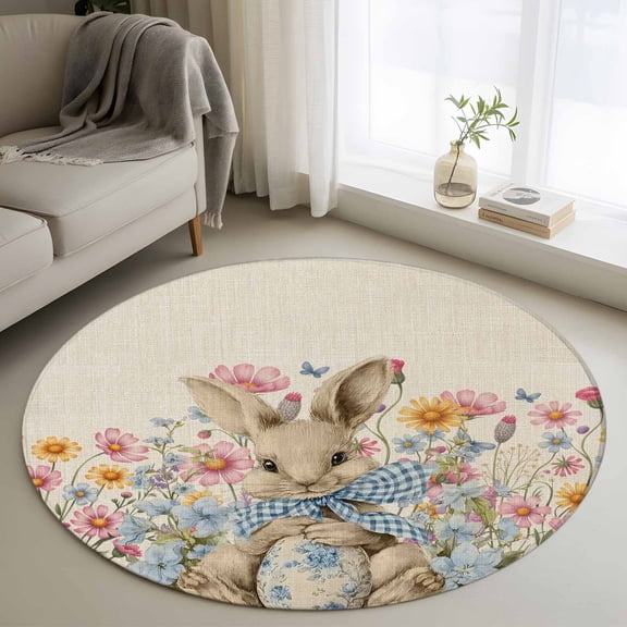 Easter Bunny Round Area Rug 3Ft Washable Small Circle Rugs for Kitchen Entryway, Eggs Spring Daisy Retro Rabbits Vintage Plants Non-Slip Carpet Floor Mats Indoor Outdoor Carpet Runner Home Decor