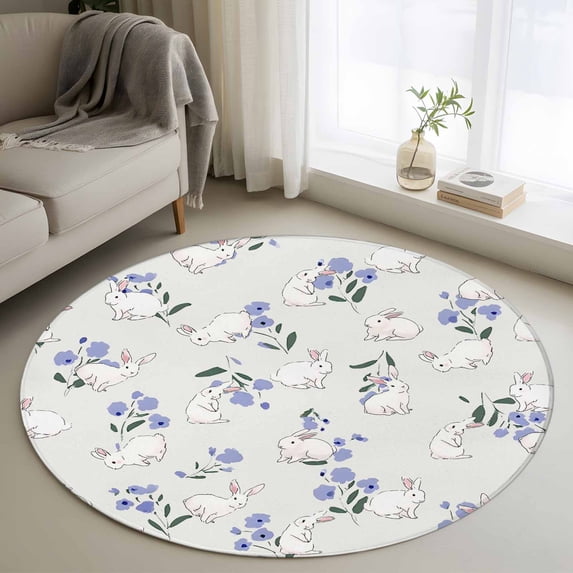 Easter Bunny Round Area Rug 3Ft Washable Small Circle Rugs for Kitchen Entryway, Spring Purple Flower Rustic Rabbit Farmhouse Non-Slip Carpet Floor Mats Indoor Outdoor Carpet Runner Home Decor