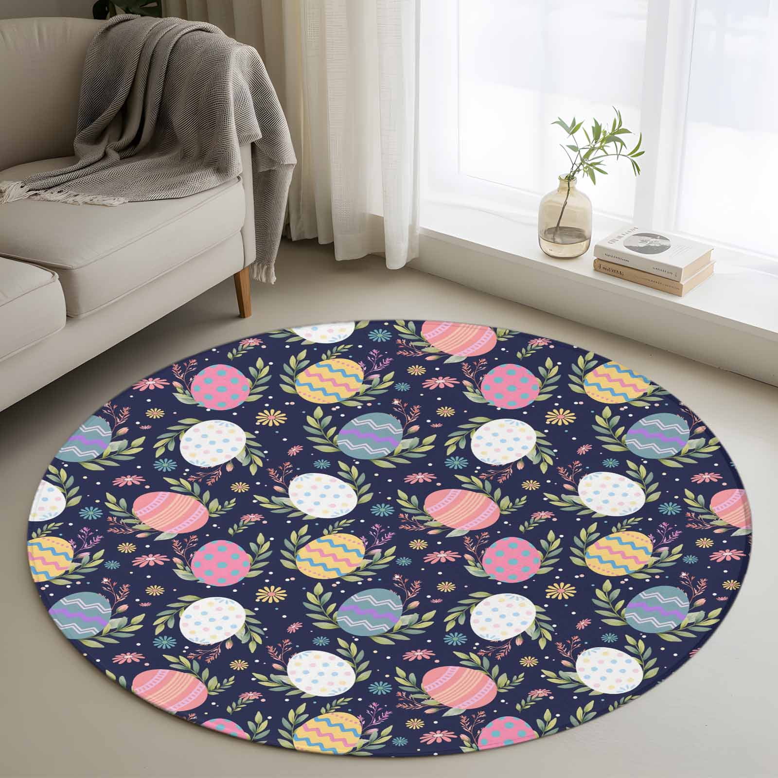 Easter Colors Rag Rug Easter Bunny Round Area Rug 4Ft Washable Circle Rugs for Bedroom Dining ...