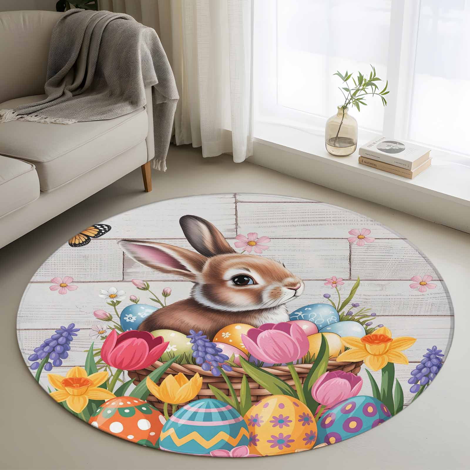 Round Easter Rug Easter Bunny Round Area Rug 4Ft Washable Circle Rugs for Bedroom Dining ...